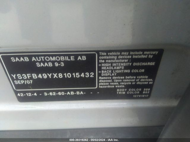 2008 SAAB 9-3 YS3FB49YX81015432 Photo 8