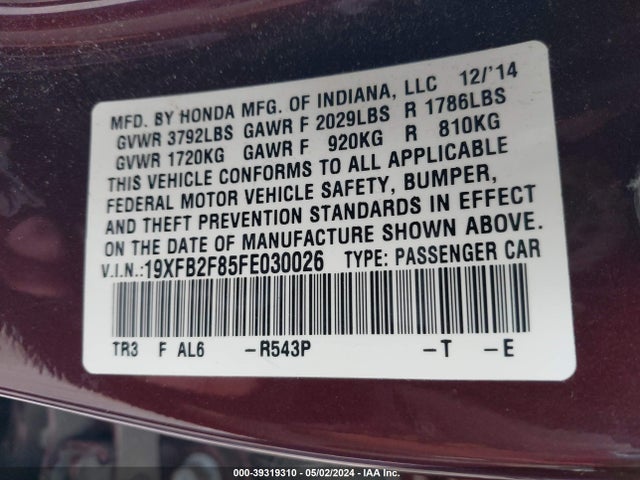 Honda CIVIC EX 2015 19XFB2F85FE030026 Image 9