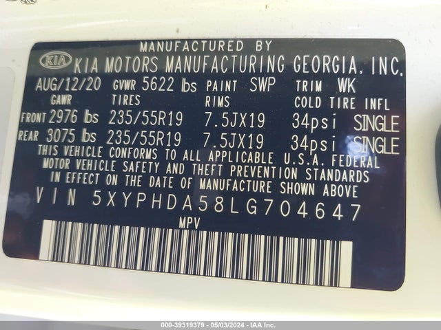 KIA Sorento 3.3l Ex 2020 5XYPHDA58LG704647 Image 9