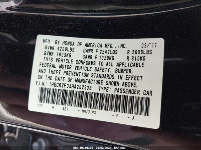 Honda ACCORD LX 2017 1HGCR2F35HA202338 Image 9