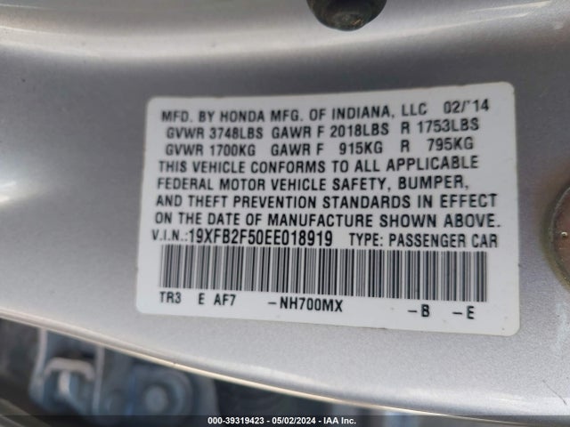 Honda Civic Lx 2014 19XFB2F50EE018919 Image 9