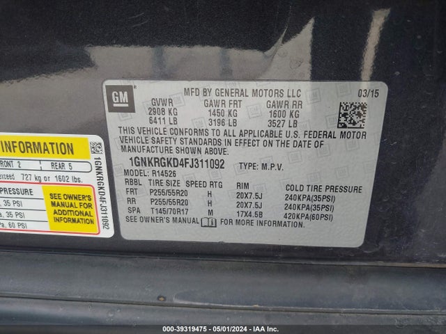 Chevrolet Traverse 1lt 2015 1GNKRGKD4FJ311092 Image 9