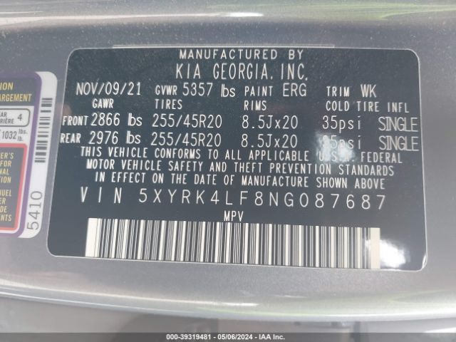 5XYRK4LF8NG087687 KIA Sorento Sx Prestige