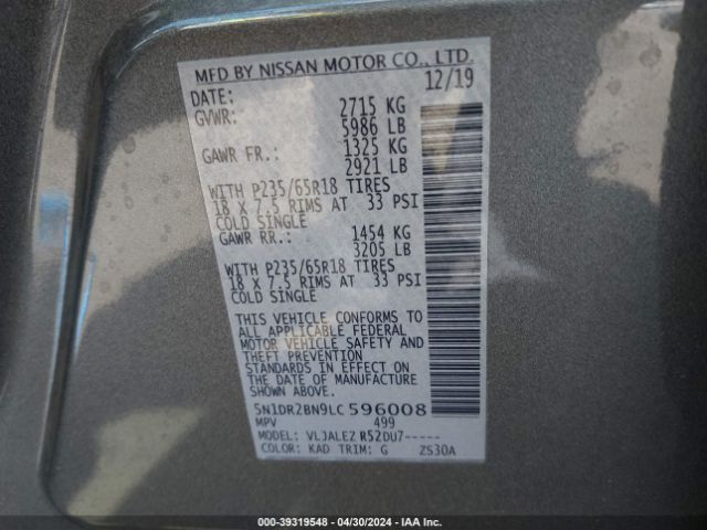 5N1DR2BN9LC596008 Nissan Pathfinder Sv 2wd