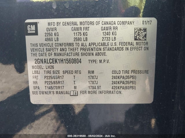 Chevrolet EQUINOX LT 2017 2GNALCEK1H1560804 Image 9