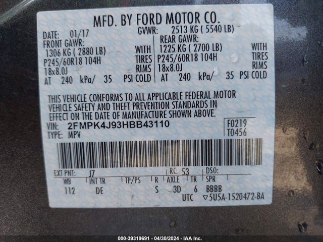 Ford EDGE SEL 2017 2FMPK4J93HBB43110 Image 9