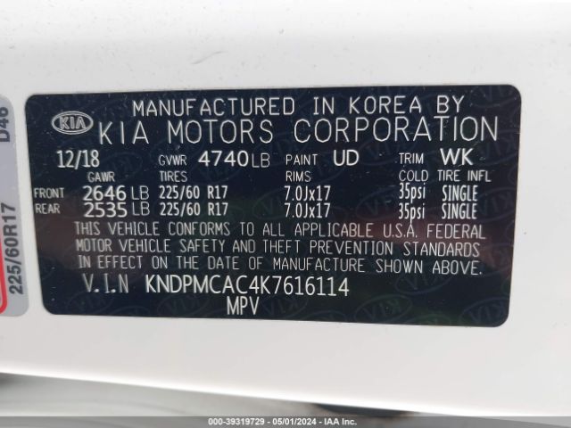 KNDPMCAC4K7616114 KIA Sportage Lx