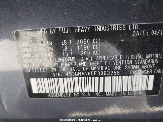 4S3BNAN65F3063258 Subaru Legacy 2.5i Limited