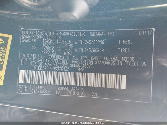 Toyota Highlander Le 2017 5TDBZRFH7HS376137 Image 9