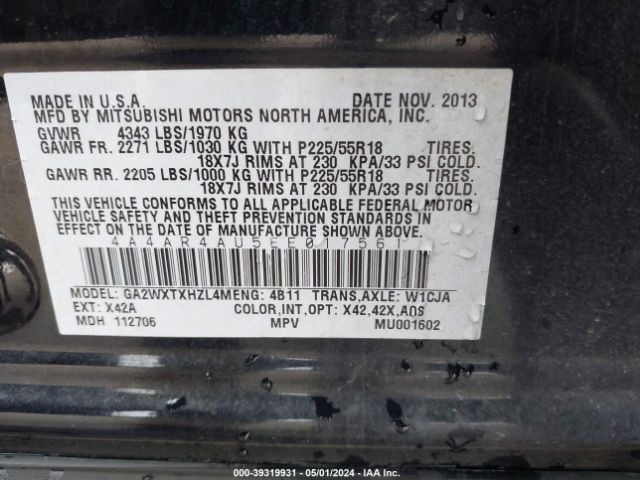 4A4AR4AU5EE017561 Mitsubishi Outlander Sport Se
