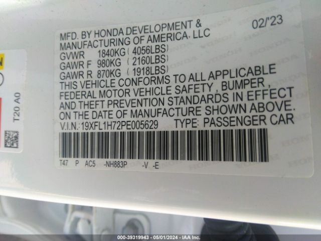19XFL1H72PE005629 Honda Civic Ex-l /ex-l W/o Bsi