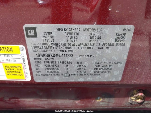 Chevrolet Traverse 1lt 2017 1GNKRGKD4HJ111333 Image 9
