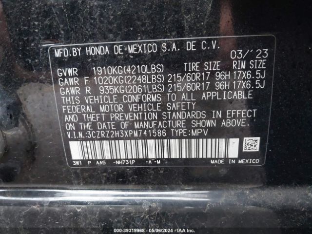 3CZRZ2H3XPM741586 Honda Hr-v Awd Lx