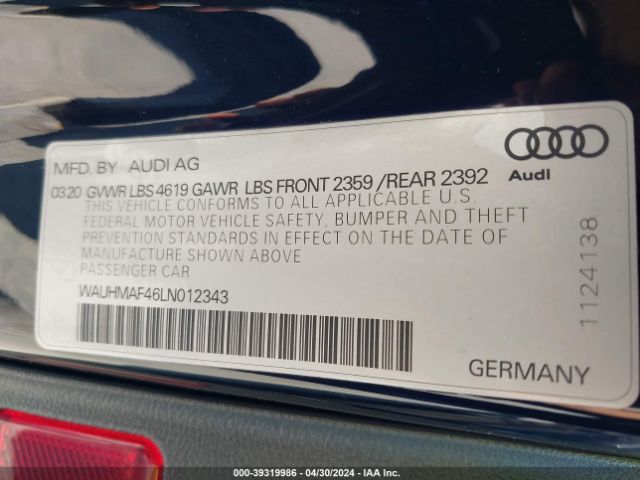 WAUHMAF46LN012343 Audi A4 Premium Plus 40 Tfsi Front-wheel Drive S Tronic