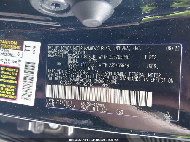 Toyota Highlander Xle 2021 5TDGZRBH3MS145743 Image 9