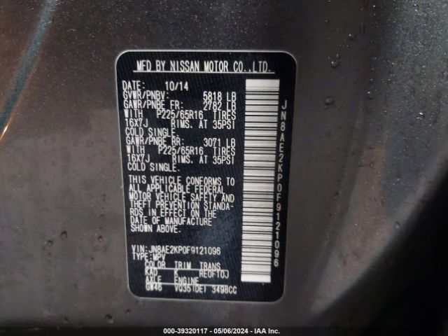 JN8AE2KP0F9121096 Nissan Quest Platinum/s/sl/sv