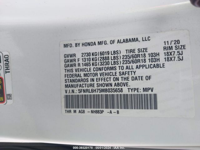5FNRL6H75MB035658 Honda Odyssey Ex-l