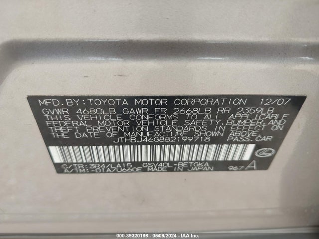 Aukcja sprzedaży 2008 Lexus Es 350, vin: JTHBJ46G882199718, numer aukcji: 39320186