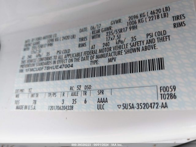 1FMCU0F78HUE47004 Ford ESCAPE S
