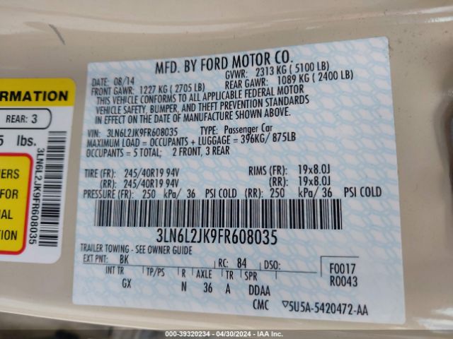 3LN6L2JK9FR608035 Lincoln MKZ