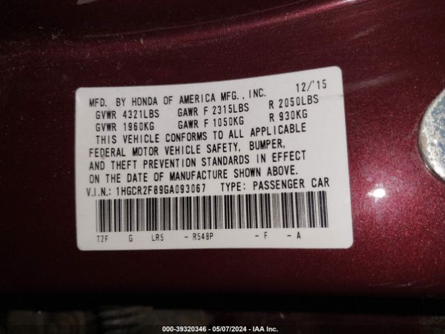 1HGCR2F89GA093067 Honda Accord Ex-l