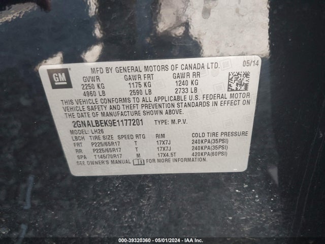 Chevrolet EQUINOX 1LT 2014 2GNALBEK9E1177201 Image 9