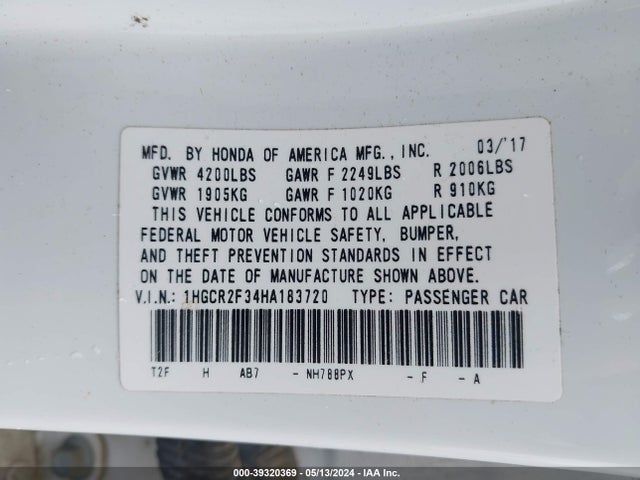 Honda ACCORD LX 2017 1HGCR2F34HA183720 Image 9
