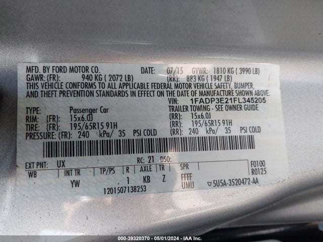 Ford FOCUS S 2015 1FADP3E21FL345205 Image 9