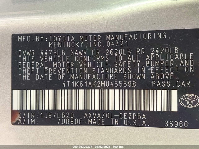 Toyota CAMRY XSE 2021 4T1K61AK2MU455598 Image 9