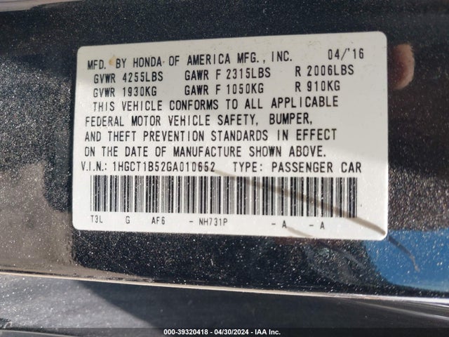 Honda ACCORD EX 2016 1HGCT1B52GA010652 Image 9