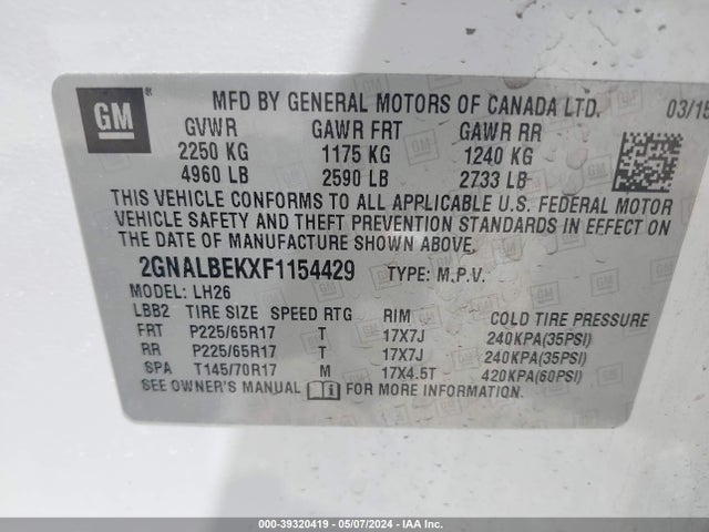 Chevrolet EQUINOX 1LT 2015 2GNALBEKXF1154429 Image 9