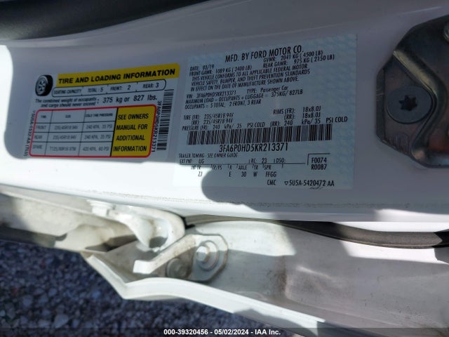 Ford FUSION SE 2019 3FA6P0HD5KR213371 Image 9