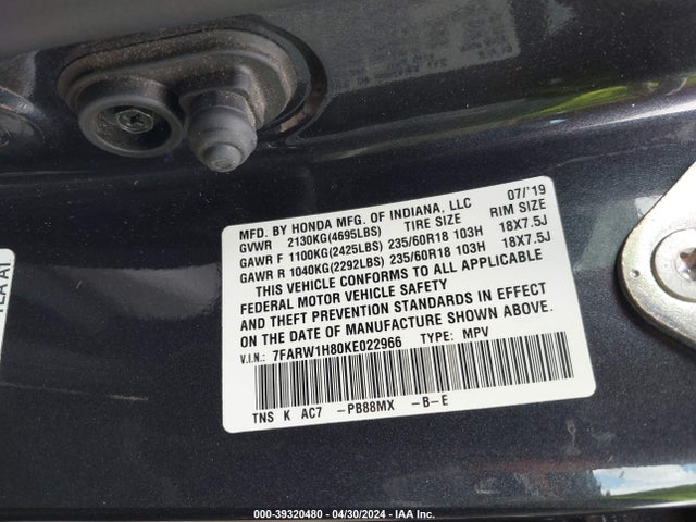 Honda Cr-v Ex-l 2019 7FARW1H80KE022966 Image 9