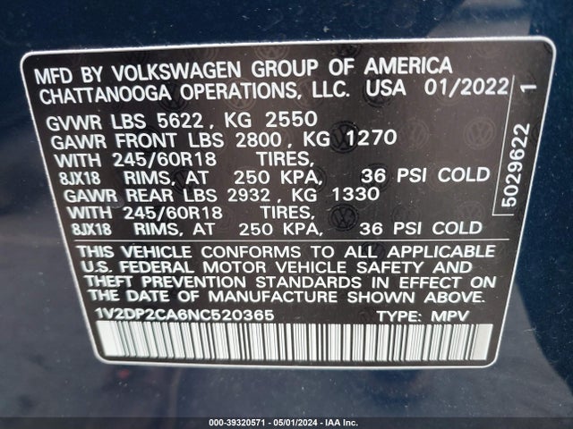 1V2DP2CA6NC520365 Volkswagen Atlas 2.0t Se