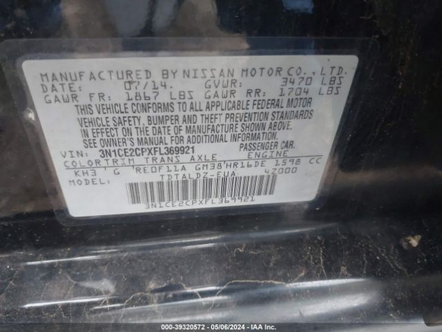 3N1CE2CPXFL369921 Nissan Versa Note S (sr)/s Plus/sl/sr/sv