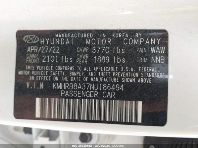 KMHRB8A37NU186494 Hyundai Venue Se