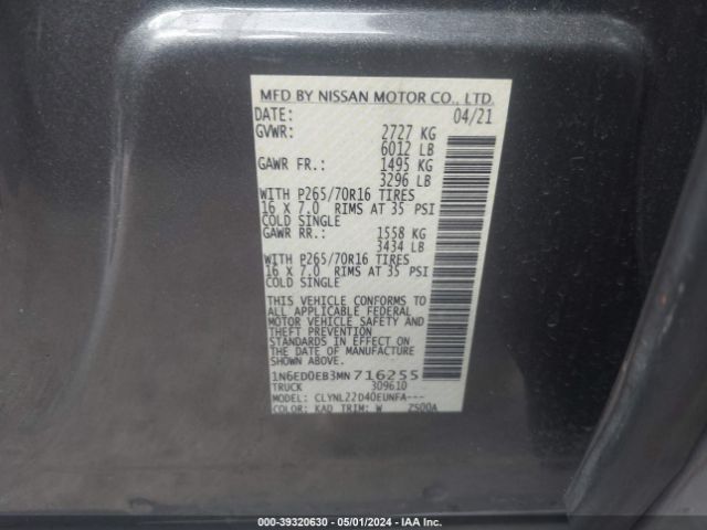 1N6ED0EB3MN716255 Nissan Frontier Sv 4x4