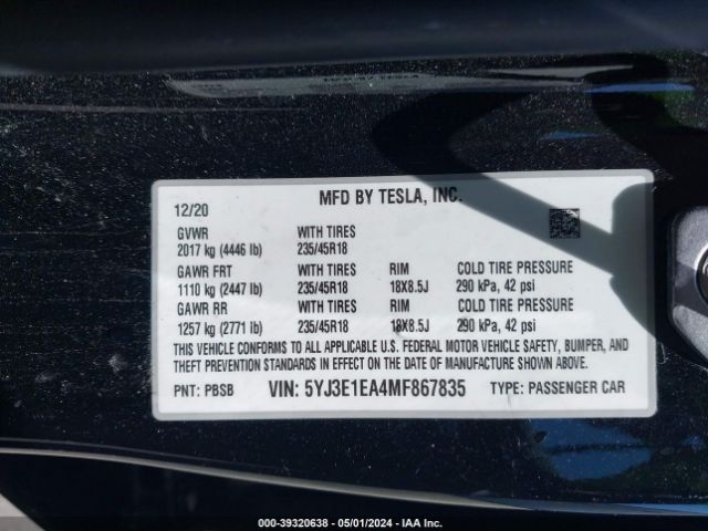 5YJ3E1EA4MF867835 Tesla Model 3 Standard Range Plus Rear-wheel Drive