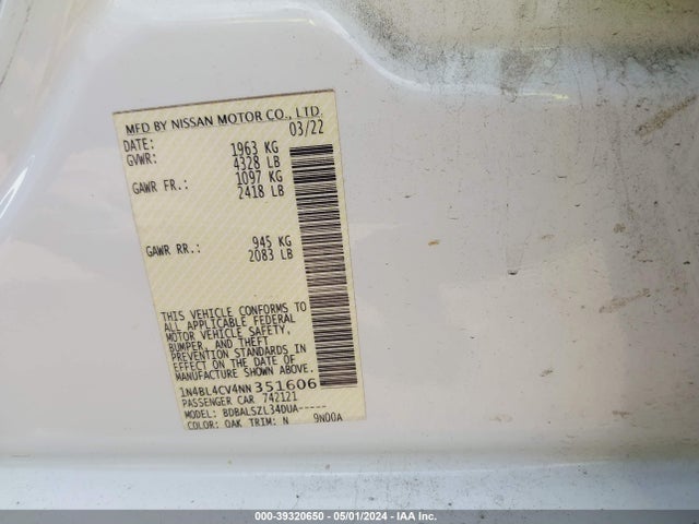 Nissan Altima Sr Fwd 2022 1N4BL4CV4NN351606 Image 9