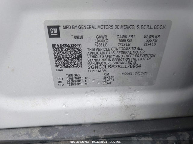 Chevrolet Trax Lt 2019 3GNCJLSB7KL178964 Image 9