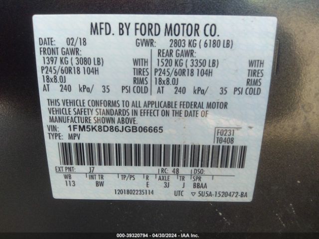 1FM5K8D86JGB06665 Ford EXPLORER XLT