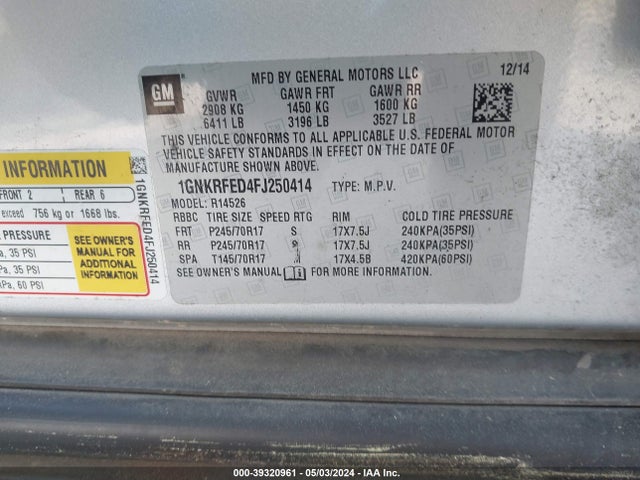 Chevrolet Traverse Ls 2015 1GNKRFED4FJ250414 Image 9