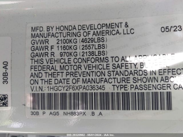 1HGCY2F6XPA036345 Honda Accord Hybrid Ex-l