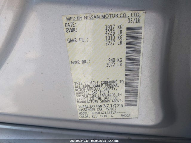 Nissan Altima 2.5 S 2016 1N4AL3AP4GN371075 Image 9