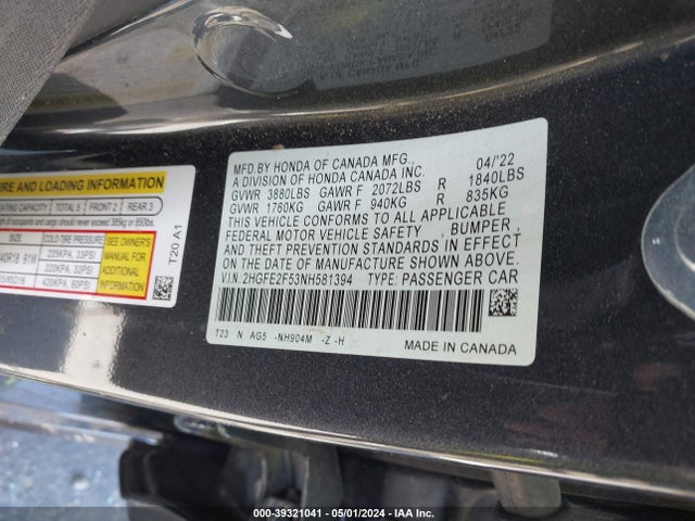 Honda Civic Sport 2022 2HGFE2F53NH581394 Image 9