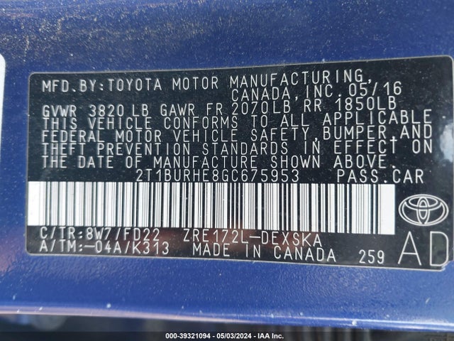 Toyota Corolla S Plus 2016 2T1BURHE8GC675953 Image 9