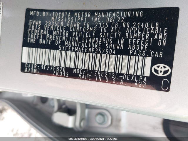 Toyota COROLLA LE 2022 5YFEPMAE6NP357604 Image 9