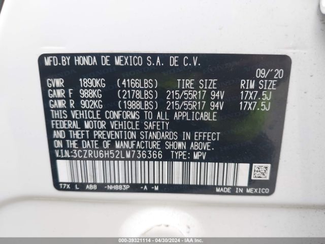 3CZRU6H52LM736366 Honda Hr-v Awd Ex