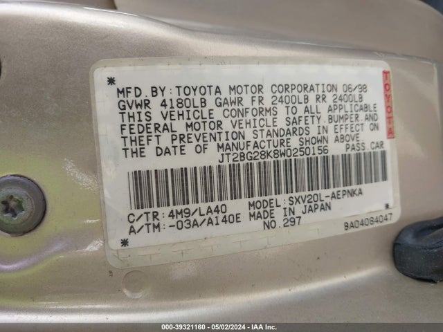 39321160 :رقم المزاد ، JT2BG28K8W0250156 vin ، 1998 Toyota Camry Le مزاد بيع