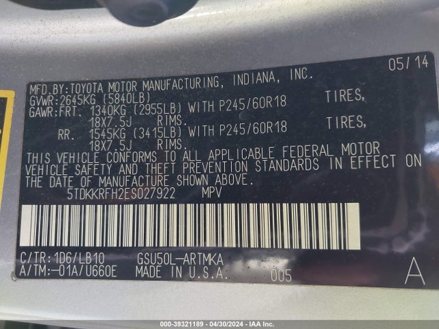 Toyota Highlander Xle V6 2014 5TDKKRFH2ES027922 Image 9